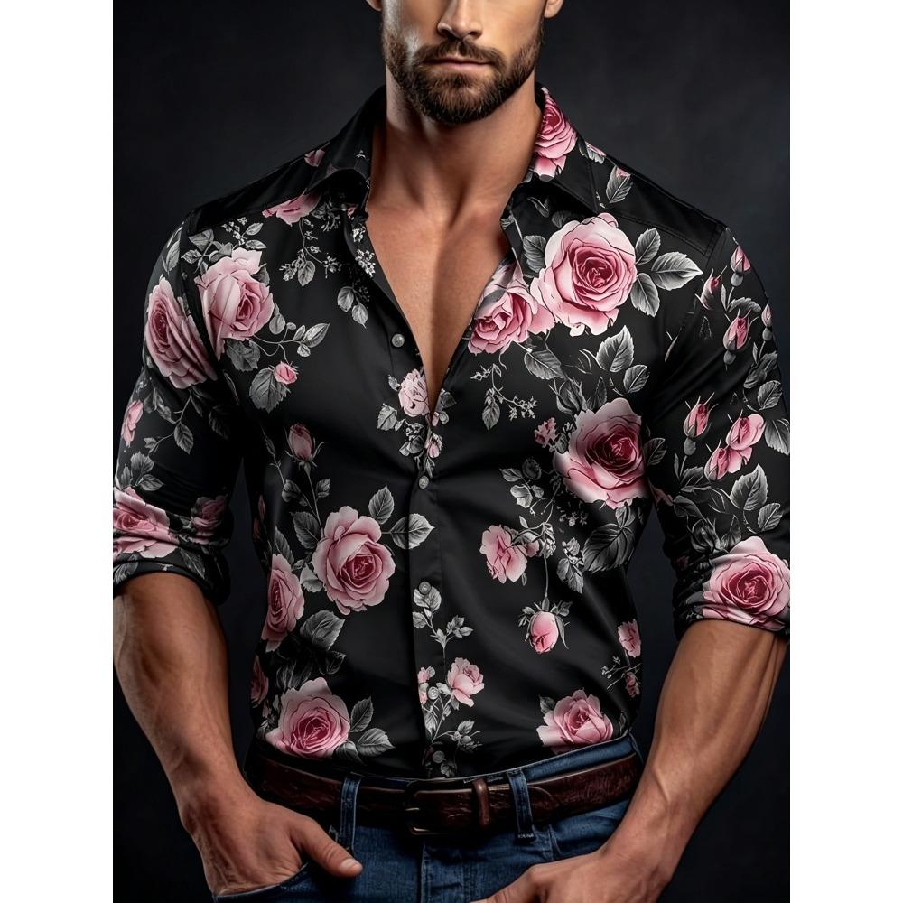 Men's Contrasting Rose Print Long Sleeved Shirt with Slim Fit Collar Shirt for Vacation Parties and Street Fashion Tops