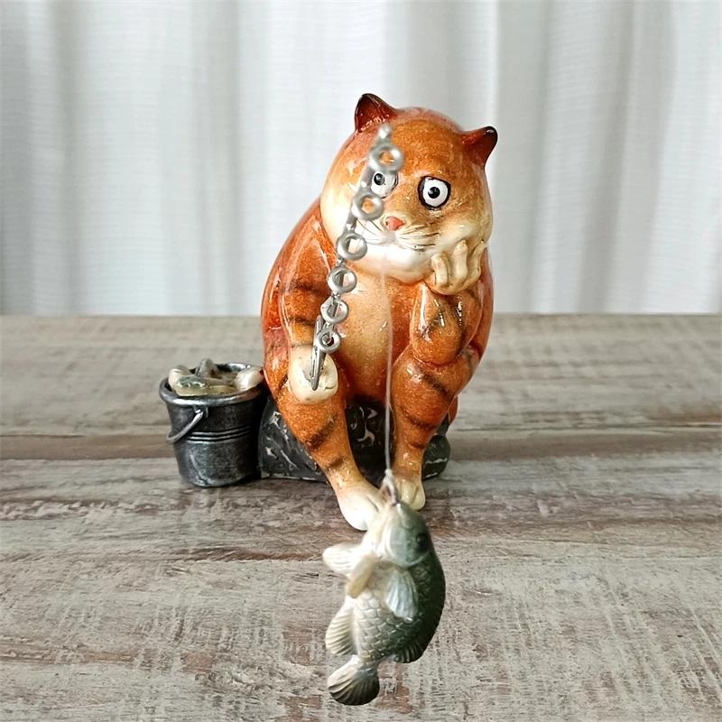 Cute Fishing Cat Miniature Fish Catching Figurine Relaxation Sports Ornament Cartoon Kitty Character Decor Entertainment Craft