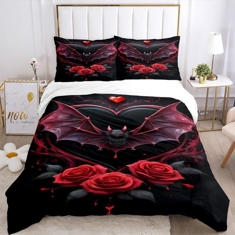 3pcs Bat Heart Roses Duvet Cover Set - Includes 1 Duvet Cover and 2 Pillowcases, No Quilt Core, All-Season Home Decor yy251111086