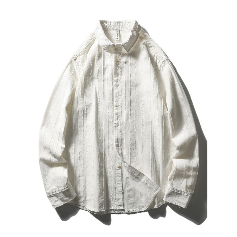 Japanese-Style Retro White Jacquard Pure Cotton Shirt Men Long Sleeves Spring and Autumn Coat Export Export Men s Casual Shirt White 2XL
