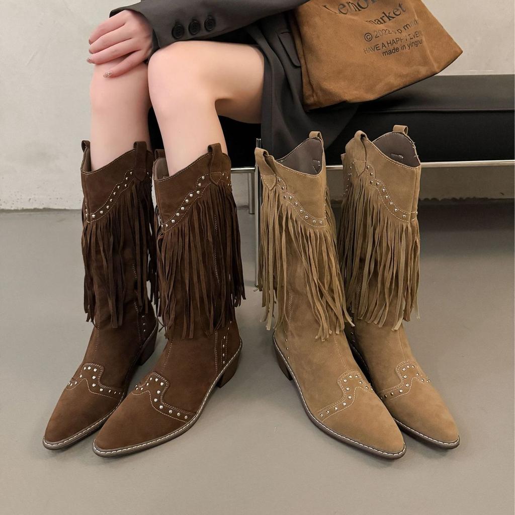 Autumn/Winter Style Pointed Tassel Rider Boots, Chunky Heels, High Heels, Tall Boots With Rivets, V-Neck High-Top Martin Boots For Women