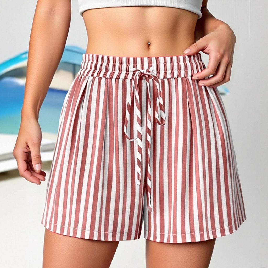 Women's Casual Fashion Striped Beach Vacation Drawstring Shorts with Pockets Lightweight Comfortable Summer Loose Fit