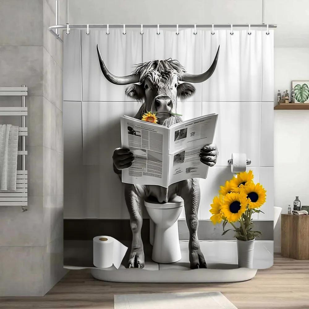 Zábavný kočičí sprchový závěs Zábavné zvíře ve vaně s rybami Látkový sprchový závěs Hilar set pro výzdobu koupelny s domácím mazlíčkem s háčky