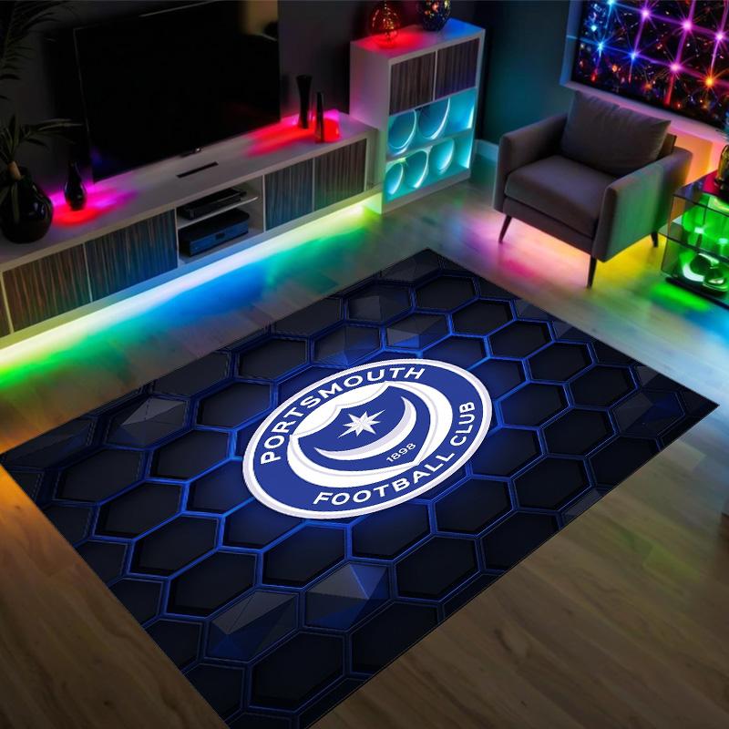 Portsmouth FC Design Kristall-Samt-Teppich Gemütlich Nicht?Rutschfester Teppich mit Aufdruck für Schlafzimmer Wohnzimmer Eingang