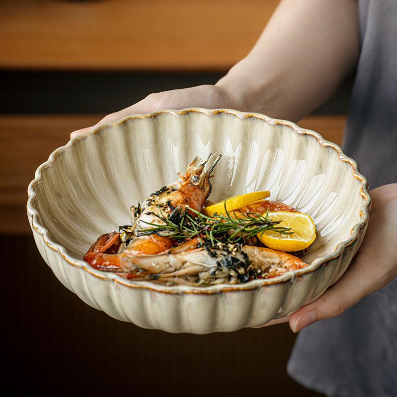 Vintage Petal Relief Tableware Japanese Ceramic Bowl Household Bowl Dish Dish Dish Dish Bowl Deep Dish Noodle Bowl Outlet