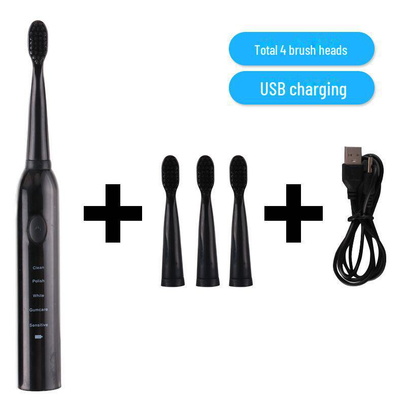 

Аккумуляторная электрическая зубная щетка для взрослых с продуманной водонепроницаемой конструкцией и мягкими щетинками на пяти скоростях 201 English + 4 brush heads чёрный