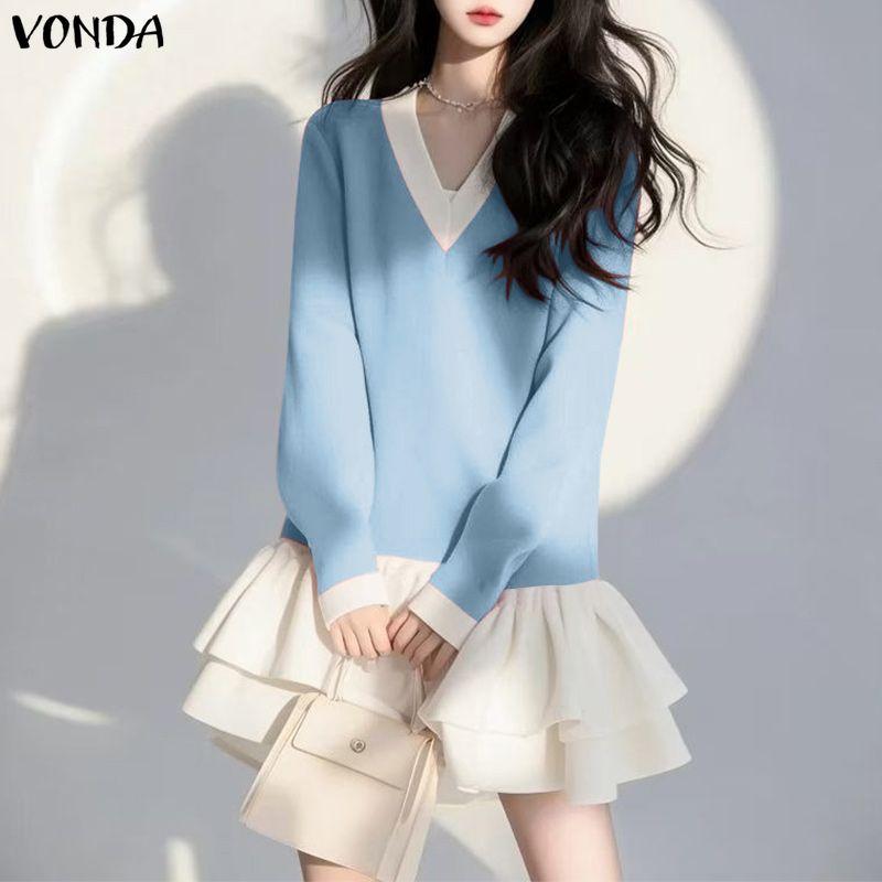 VONDA Women Casual V Neck Long Sleeve Patchwork Ruffled Dress