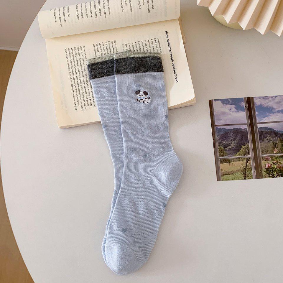 Korean Style Cute Cartoon Embroidery Mesh Mid-Calf Socks - Breathable, Seamless, Ribbed, Slouch Design One Size синий