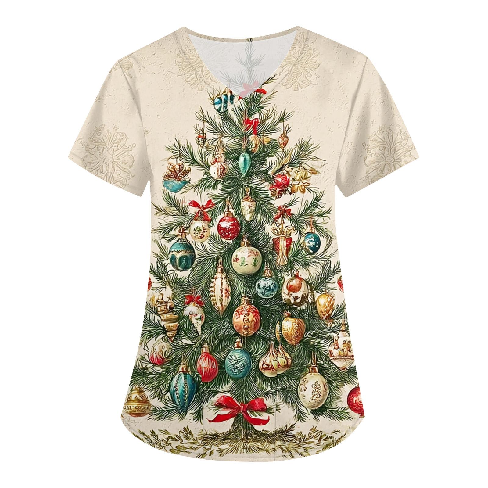 

Женская свободная униформа с V-образным вырезом, короткими рукавами и рождественским принтом L