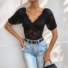 Women's Retro Romantic Sexy Lace Lace Deep V-neck Solid Color Puff Sleeve Bodysuits
