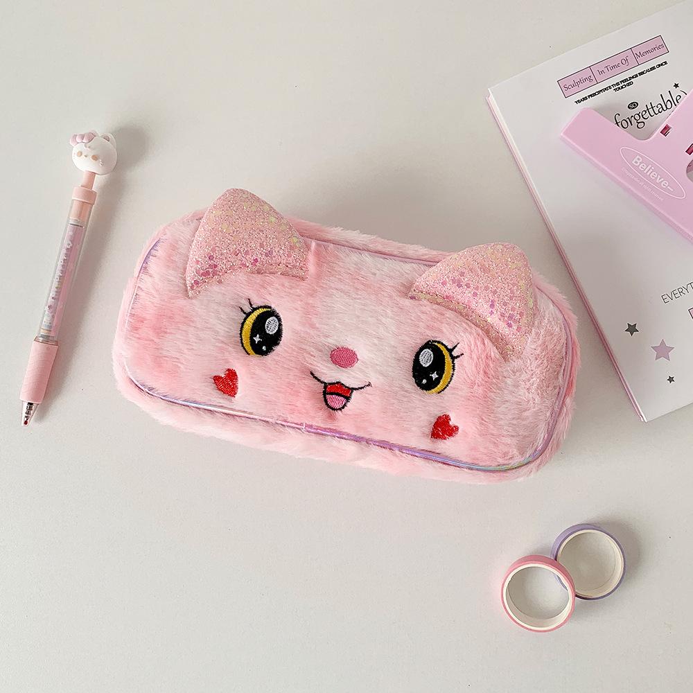 Plush gradient large-capacity pencil case, stationery bag for primary school students, cute and stylish cat pencil bag розовый