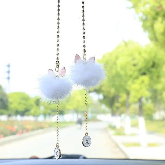 Cute Car Pendant Creative Letter Bow Cat Ears Mink Hair Ball Rearview Mirror Car Interior Pendant Ornaments Car Accessories