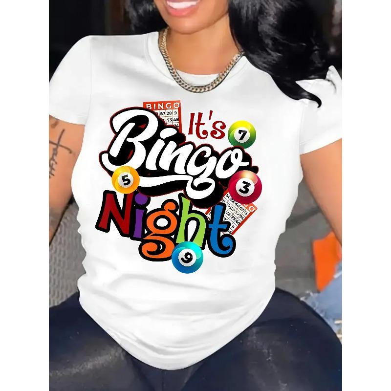 Bingo Night Graphic Print Women Casual Round Neck Short Sleeve All-Season Tee