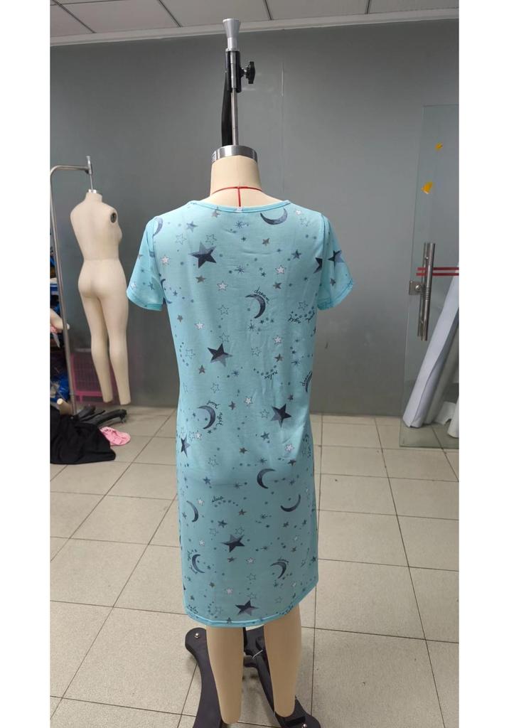 2024 Spring-Summer Casual Women's Printed Round Neck Pajama Dress