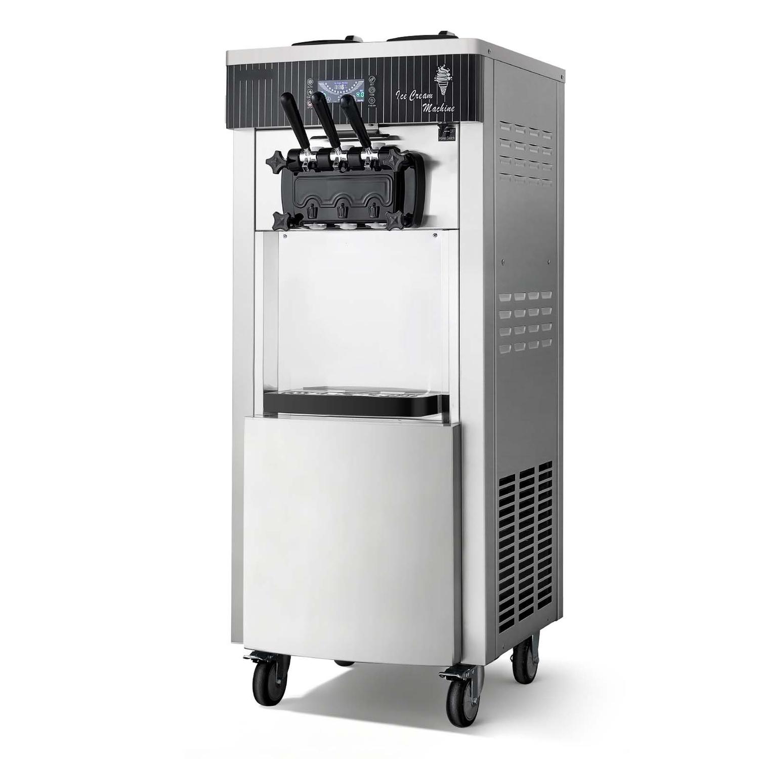 Kereskedelmi Fagylaltkészítő Gép, 20-28L/H Kapacitás, 2200W 3 Ízű Álló Lágylöttyös Fagylaltkészítő 2 x 6L Tartállyal és Tartálykeveréssel,