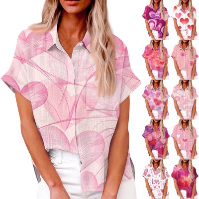 Dameslosse Casual Korte Mouw Kraag Knopen Digitale Print Met Zak Shirt Top