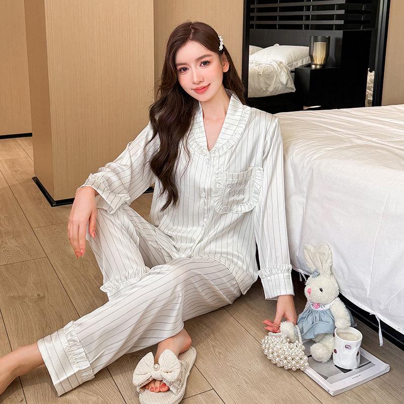 Ice Silk Women's Pajama Set - Striped Embroidery, Long Sleeve & Pants, High-end, Wear Indoors or Out