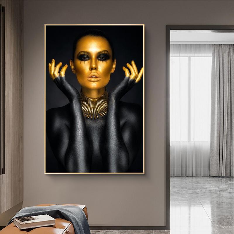 Black Gold Nude Sexy Woman Canvas Paintings On the Wall Art Posters And Prints Gold Face Girl Art Picture Home Wall Decor Cuadro