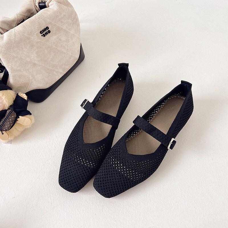 Fashion Women's Fly Weave Mesh Shoes Summer New Breathable Soft Sole Slip on Casual Shoes Lightweight Comfortable Buckle Strap Low Heels