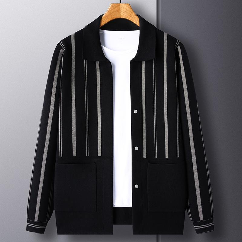 Wovey Winter Aankomst Revers Lange Mouw Gebreide Vest Gestreept Zak Veelzijdig Heren Trui Mode Trendy Herenkleding 4XL