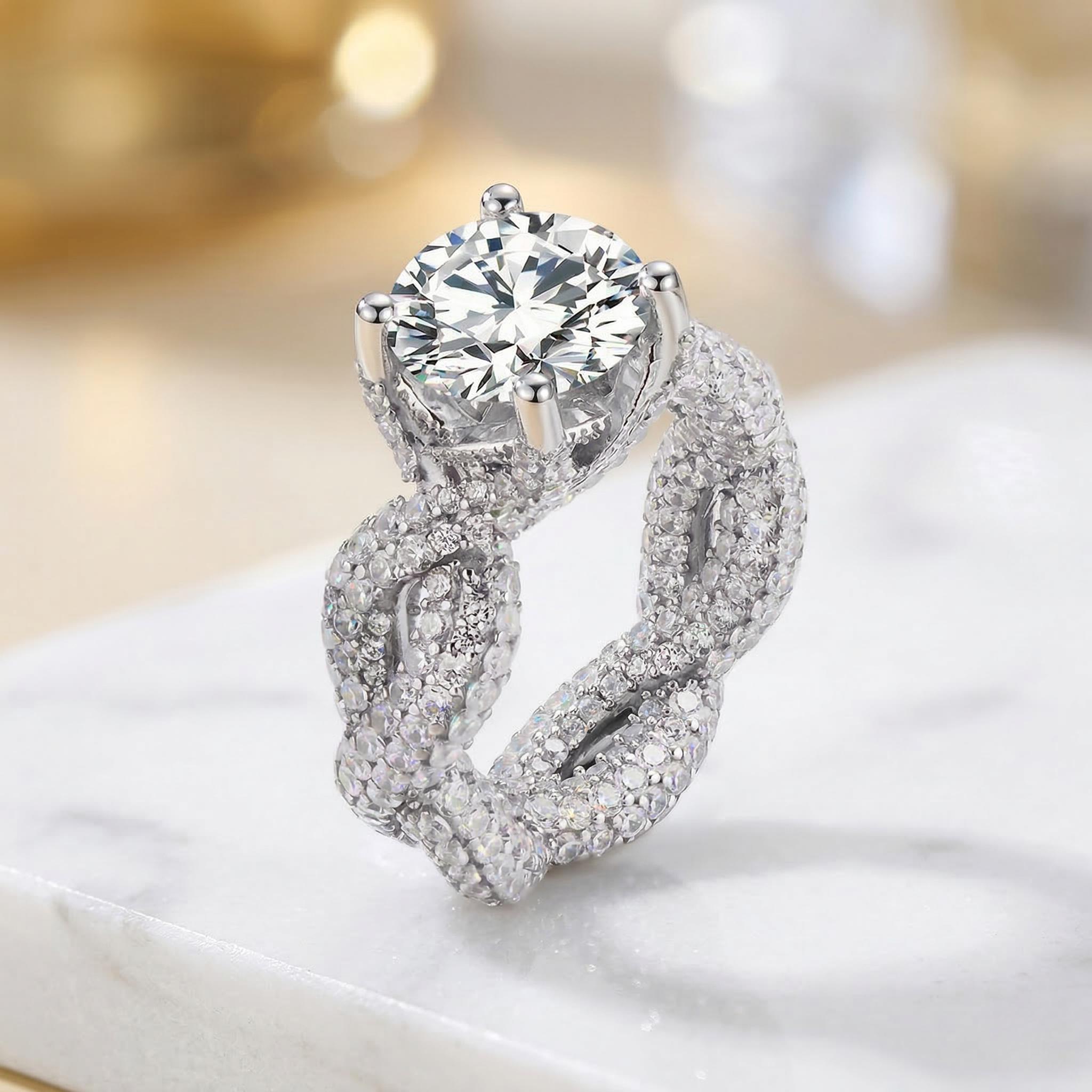 

Elegant Vintage 5CT Round Cut Twisted Shank Moissanite Ring S925 Copper D VVS1 Pave Setting Engagement Wedding Band Gift For Bri 5&925 sterling Copper