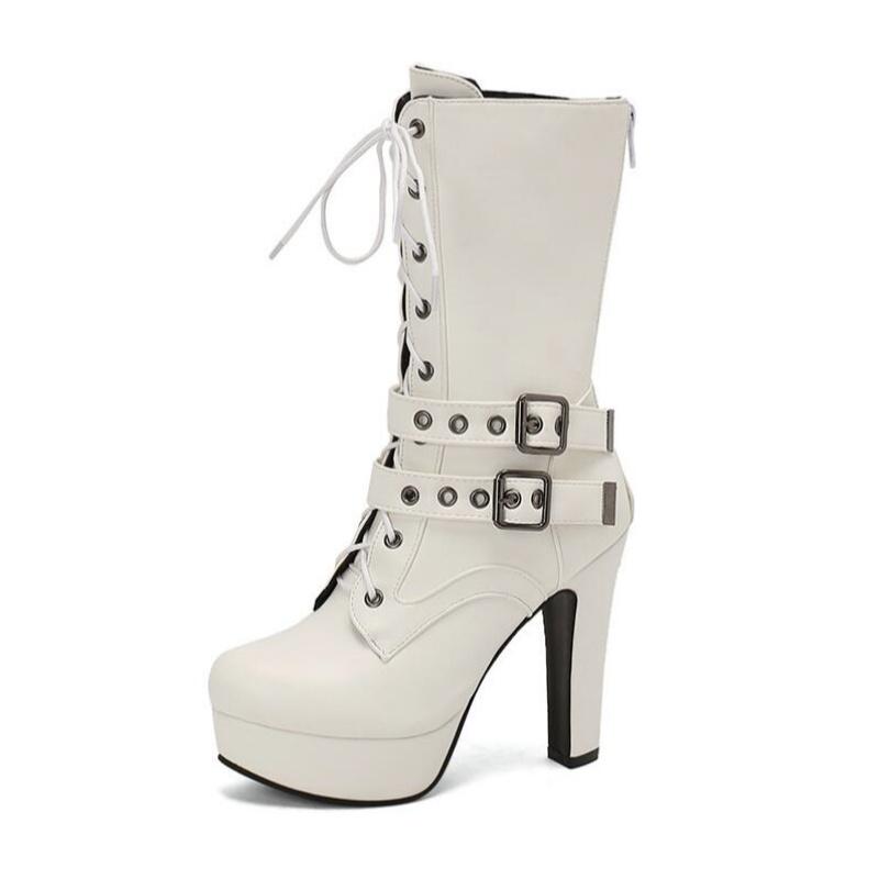 Women Punk Style Lace-Up Ankle Boots Belt Buckle Platform High Heels Short Boot Female White Autumn Winter Round Toe Shoes