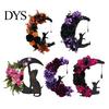 Halloween Moon Wreath Black Cat Wreath, Gothic Crescent Grapevine with Indoor Dark Theme Soft Furnishings Rose Flowers, Spooky Front Door Hanging