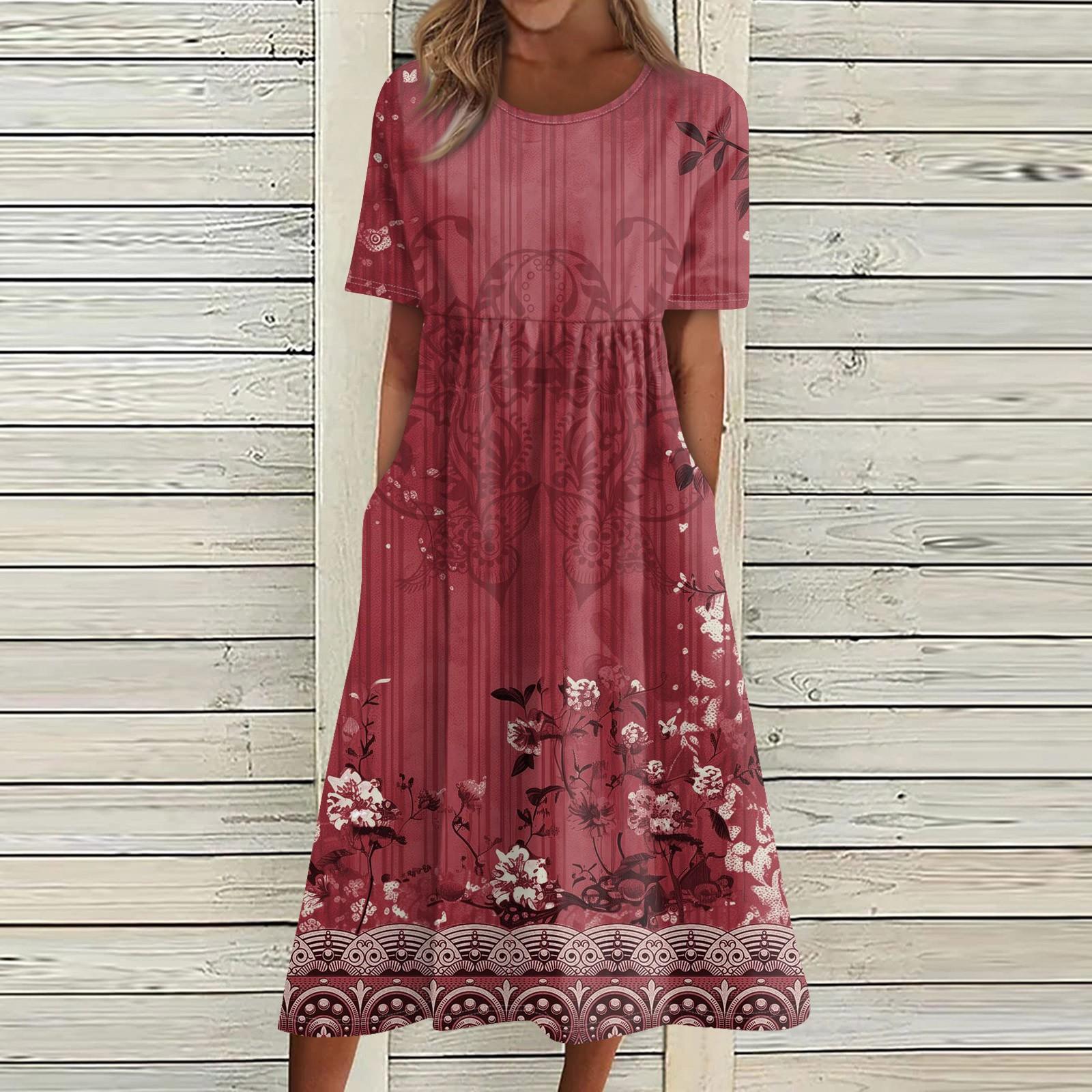 

Летнее платье для женщин, повседневное пляжное свободное платье с короткими рукавами и принтом XL красный