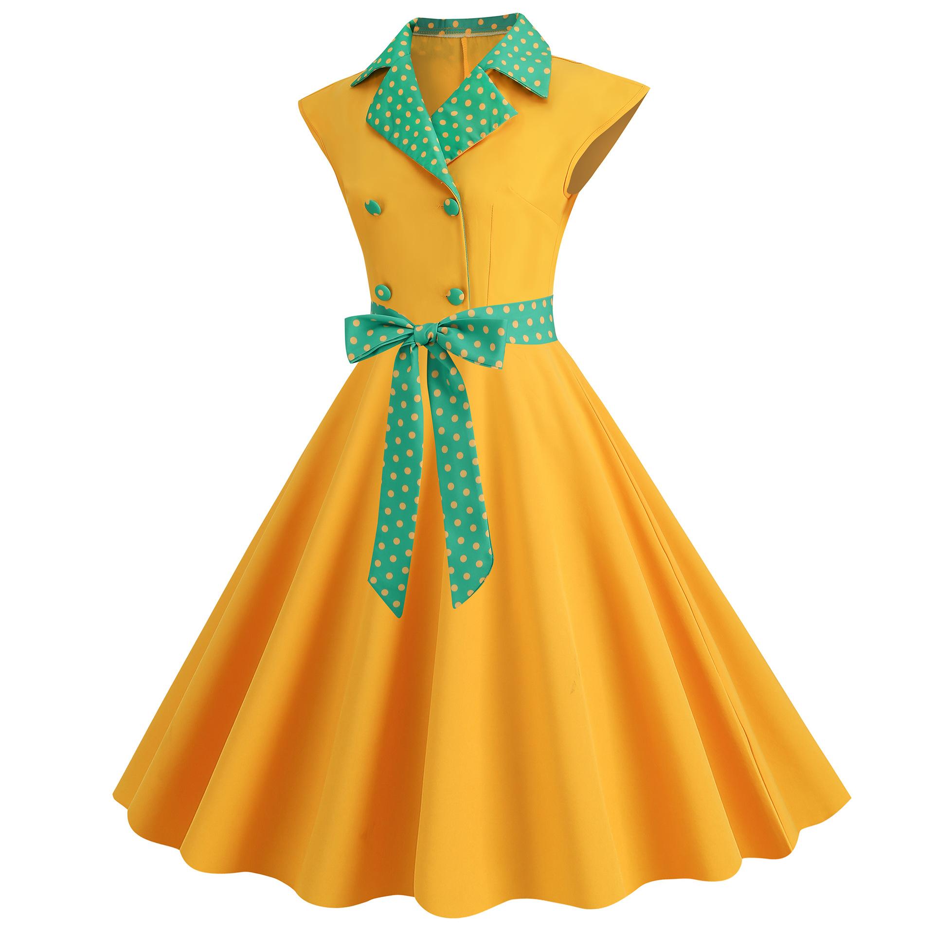 Damen-Berufskleider, Retro-Stil, gekerbter Ausschnitt, gepunktet, Patchwork, zweireihig, großes Swing-Kleid M gelb