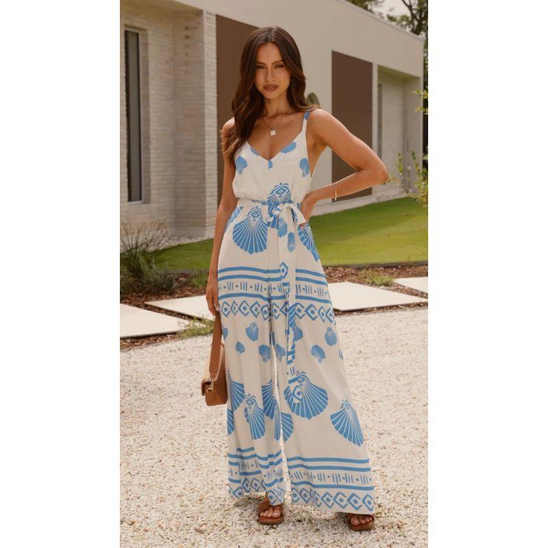 

European and American Summer New Print V-neck Loose Belt Waist Hugging Casual Sling Jumpsuit Shell XL