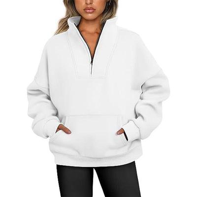 Sudadera de mujer con cuello alto, Color sólido, bolsillo a la moda, Tops con cremallera, jersey acanalado de lana suelto informal