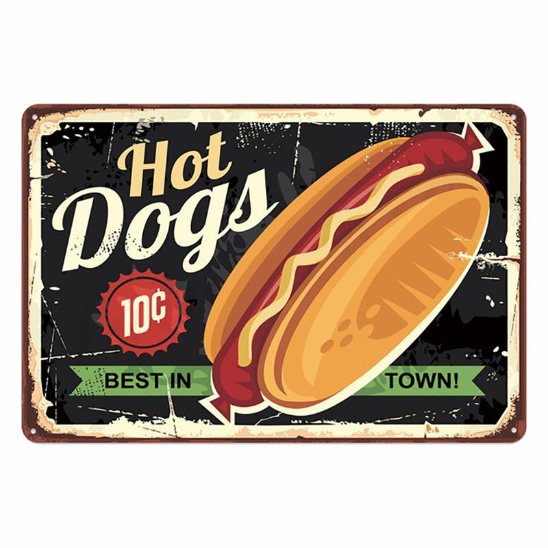 Hot Burgers Plaque Metal Tin Sign Vintage Poster Fried Chicken Retro Plate Wall Decor for Kitchen Restaurant Shop