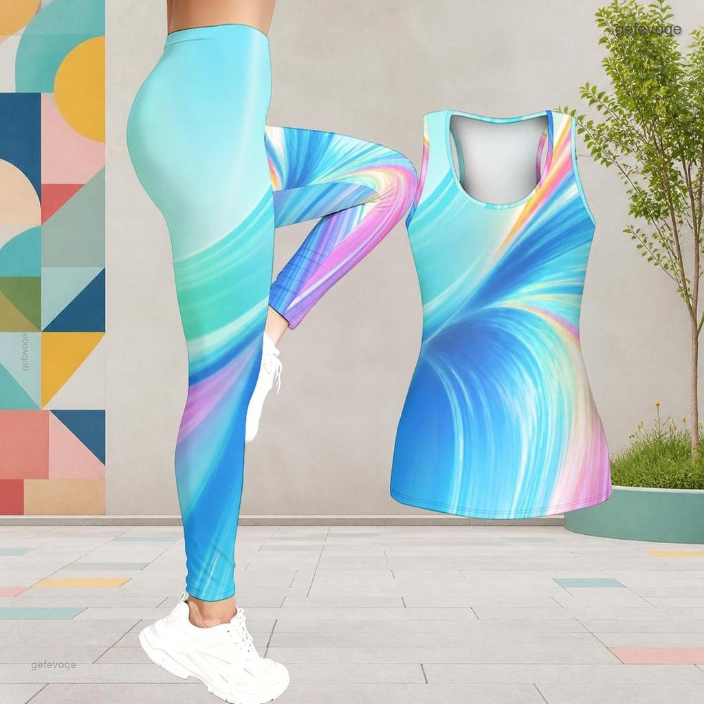 Women Plus Size Two Piece Set Scoop Neck Sleeveless Longline Tank Top Fitted Colorful Printed Pants