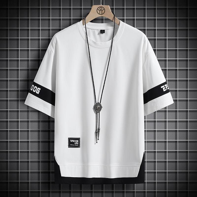 MENFORMAL Heren t-shirt zomer nieuwe trend jeugd veelzijdig los halfmouw fake tweedelig t-shirt voor mannen M wit