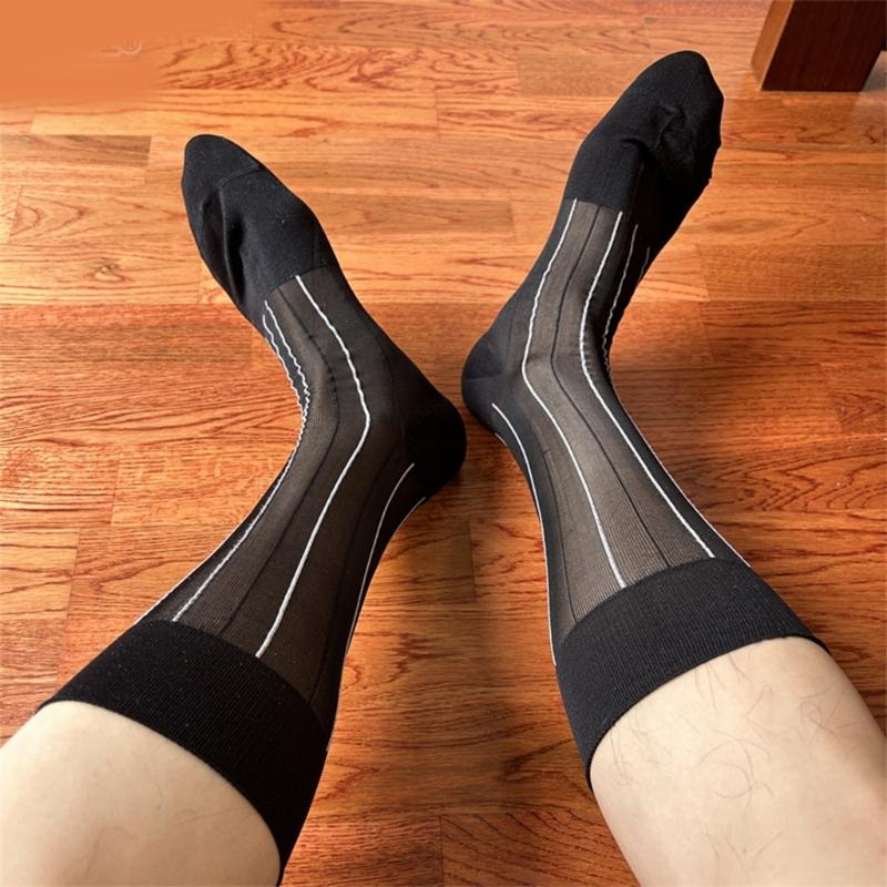 Mens Thin Dress Socks Silk Sheer Business Socks Contrast Color Ribbed Striped Pattern Middle Calf Socks for Formal Event