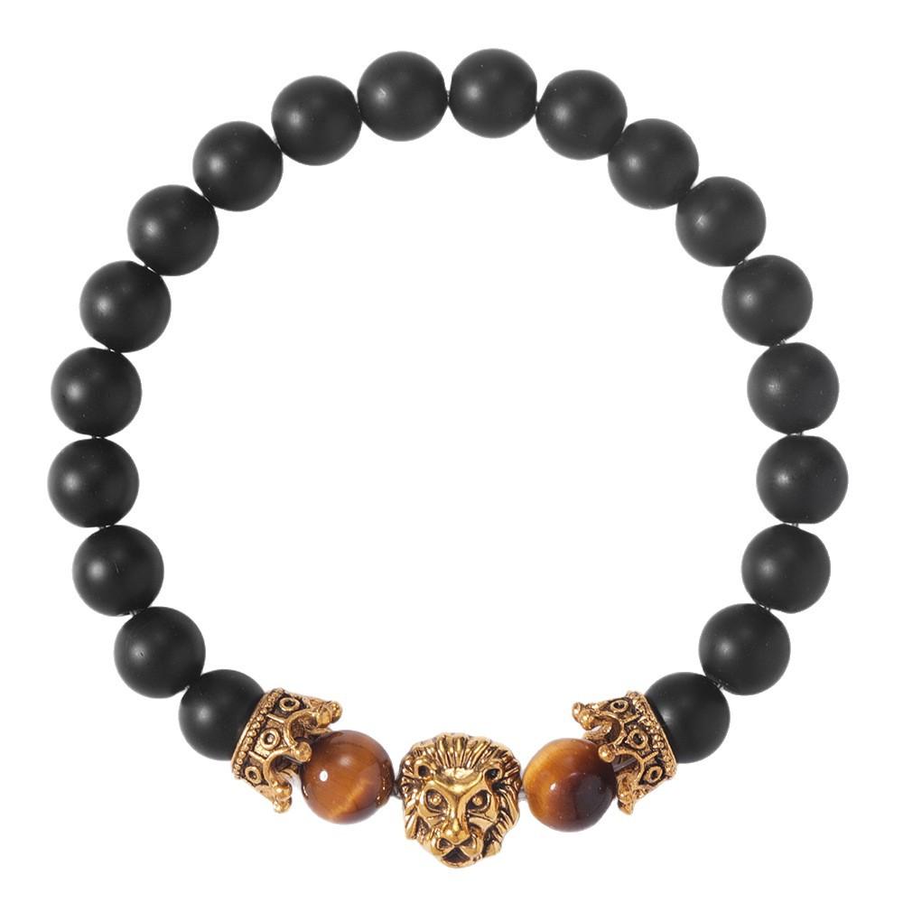 Festive Gifts Black Matte Onyx Tiger Eye And Gold Lion Head Beaded Bracelet Bold Fashion Jewelry For Men Daily Wear Simple Versatile Accessory