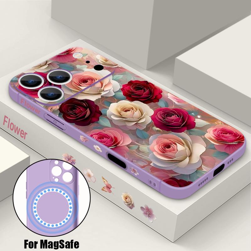 For iPhone 17 Pro Max Case Oil Painting Rose Flowers Magnetic For Magsafe Silicone Cover For iPhone 16 Pro Max Funda iPhone 15 14 13 12 11 16E