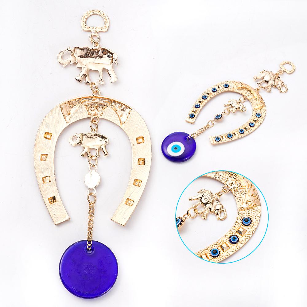 Turkish Blue Glass Eye Amulet Horseshoe With Elephant Ribbon Ethnic Wall Hanging Lucky Pendants Wind Chimes Home Car Decoration