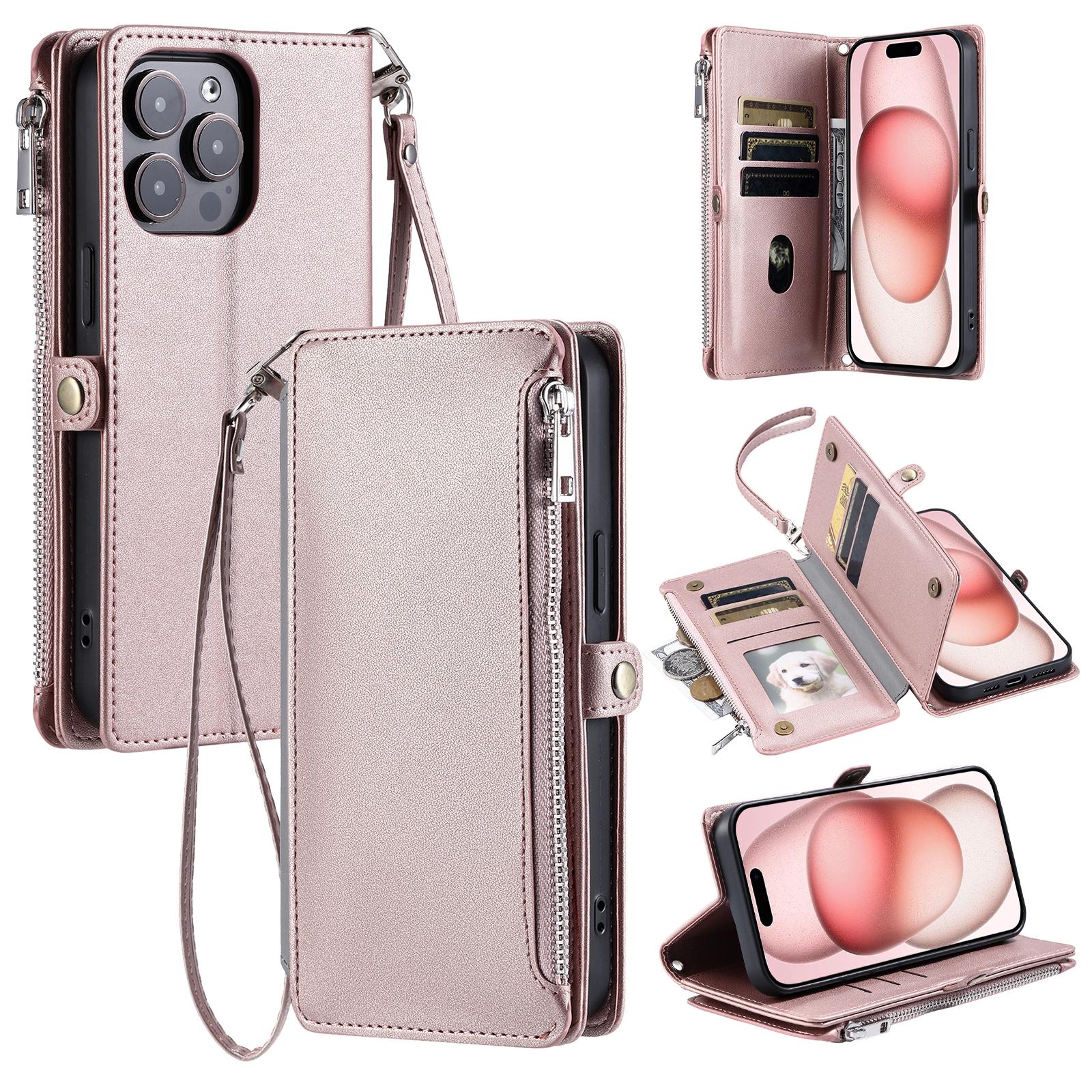 

015 Style For iPhone 15 Pro Stand Case Leather Zipper Pocket Phone Cover with Strap A