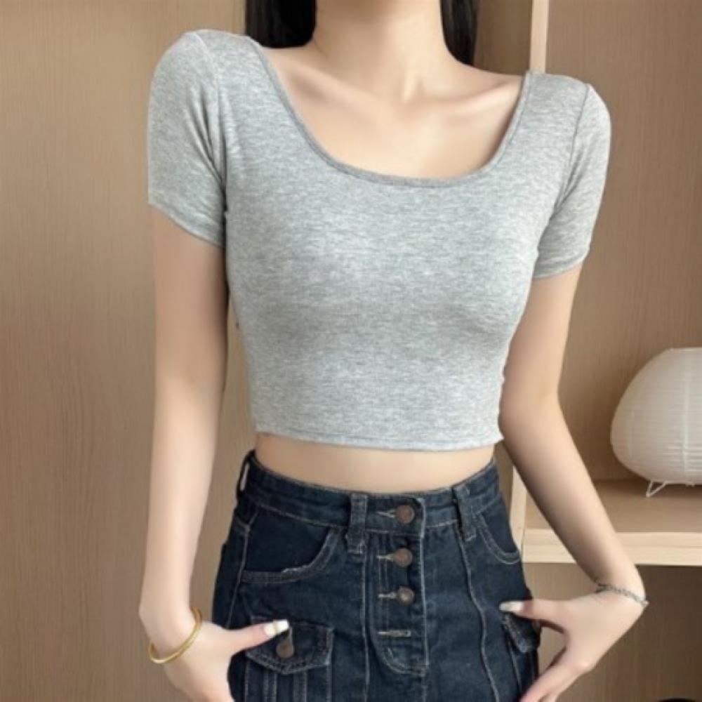 New Arrivals Open Run Women Span Crop ShorT Sleeve T shirT Square Neck Cup builT