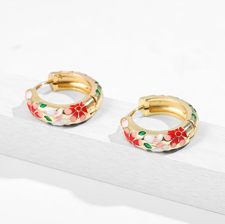 Orecchini a Cerchio Piccoli Floreali Colorati Vintage Fiori e Piante in Metallo Smaltato Cerchio Huggie Hoops Gioielli Trendy da Donna Regalo