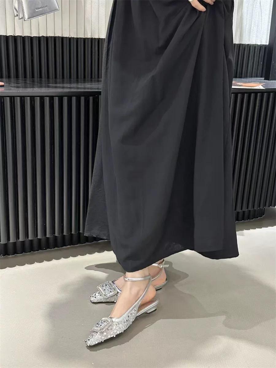 

Женские босоножки на плоской подошве с блестящими кристаллами, роскошные туфли с квадратным носком и неглубокой подошвой, балетки с пряжкой, летние новые сандалии для женщин 40