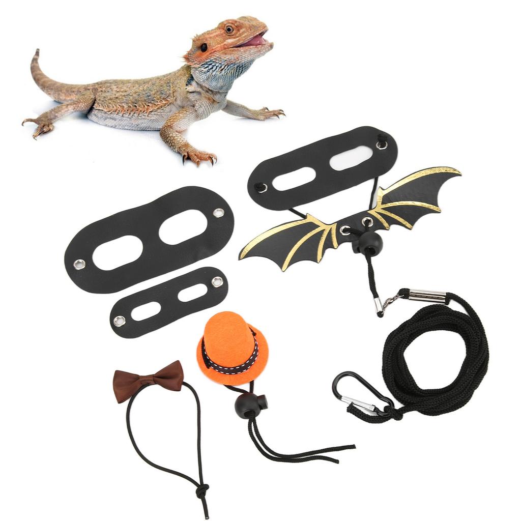 Lizard Leash Harness Set Adjustable Attached Hat and Bowtie Lizard Rope with Wing for Small Pets