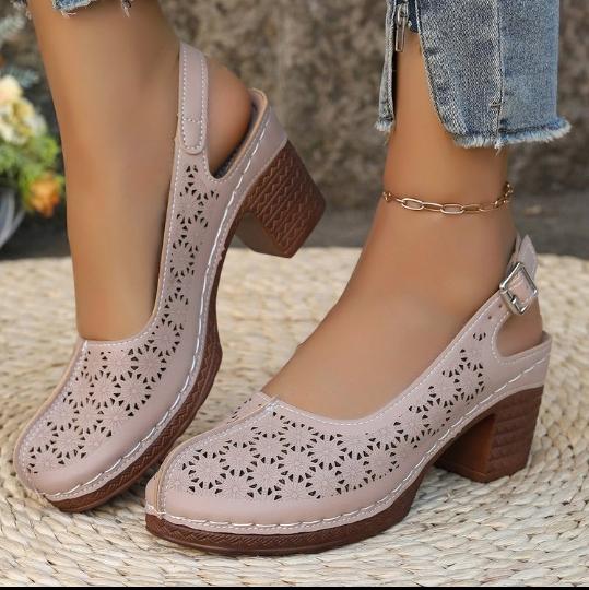 Fashion Summer New Women High Heel Sandals Comfortable Rubber Sole Shoes Large Size Roman Style Round Toe PU Leather Slip-On Sandals