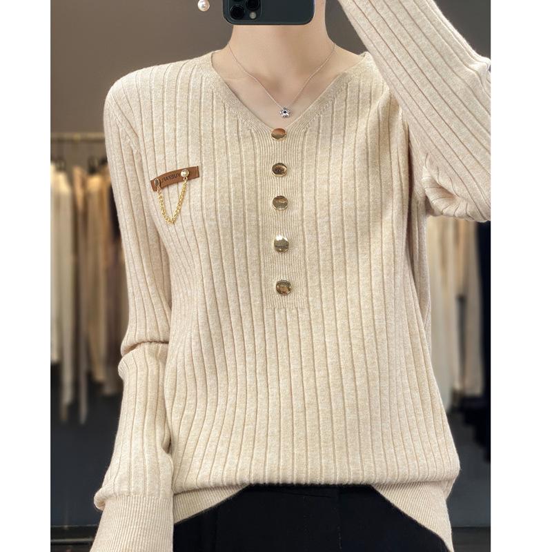 DAFIFY Moterų mados kasdieniai rudens žiemos vienspalviai megztiniai ilgomis rankovėmis V formos iškirpte