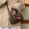 Artistic Small Retro Bear Embroidery Check Pattern Handbag For Casual Outings