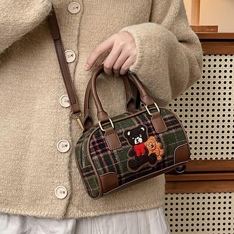 Artistic Small Retro Bear Embroidery Check Pattern Handbag For Casual Outings
