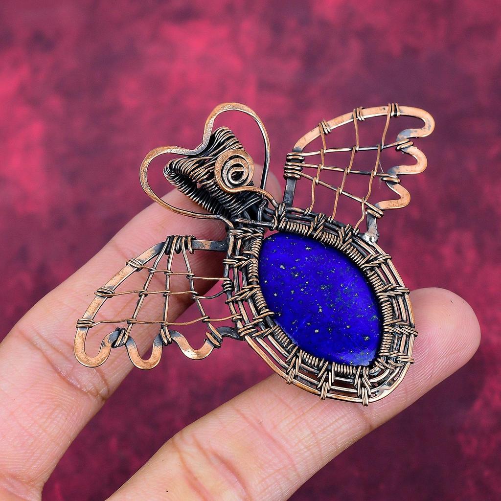 Lapis Lazuli Gemstone Pendant Copper Wire Wrapped Jewelry Butterfly Pendant