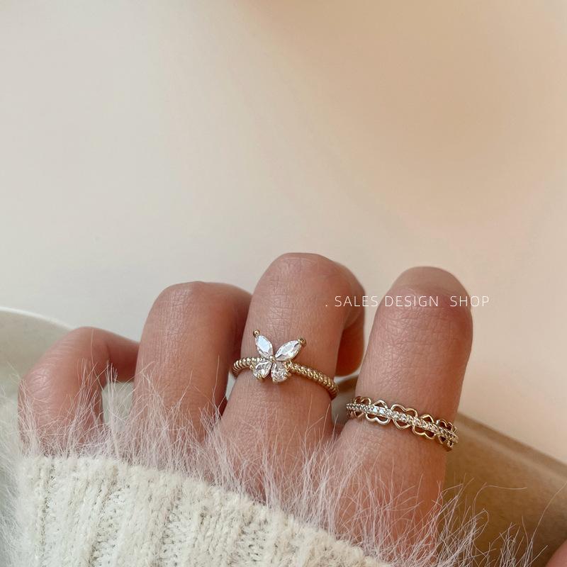 Korean Style Gold Zircon Butterfly Star Moon Adjustable Ring for Women - Exquisite High-End Design