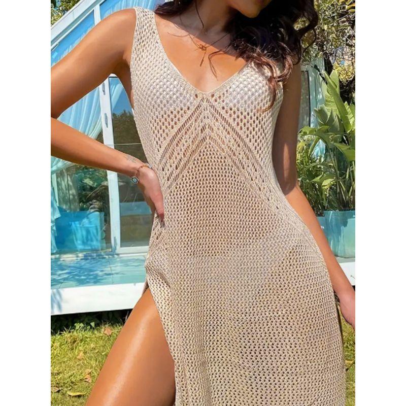 

Trade Cross-Border European and American Amazon Source Manufacturer V-Neck Sleeveless Solid Color Hollow-Out Dress Beach Vacation Spring Summer Apricot S